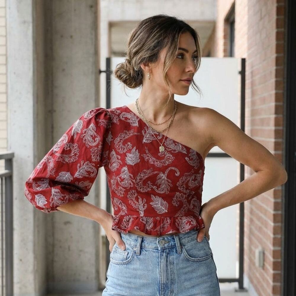 Anthropologie x Mare Mare Teresita Red Cotton One Shoulder Cropped Top, size M